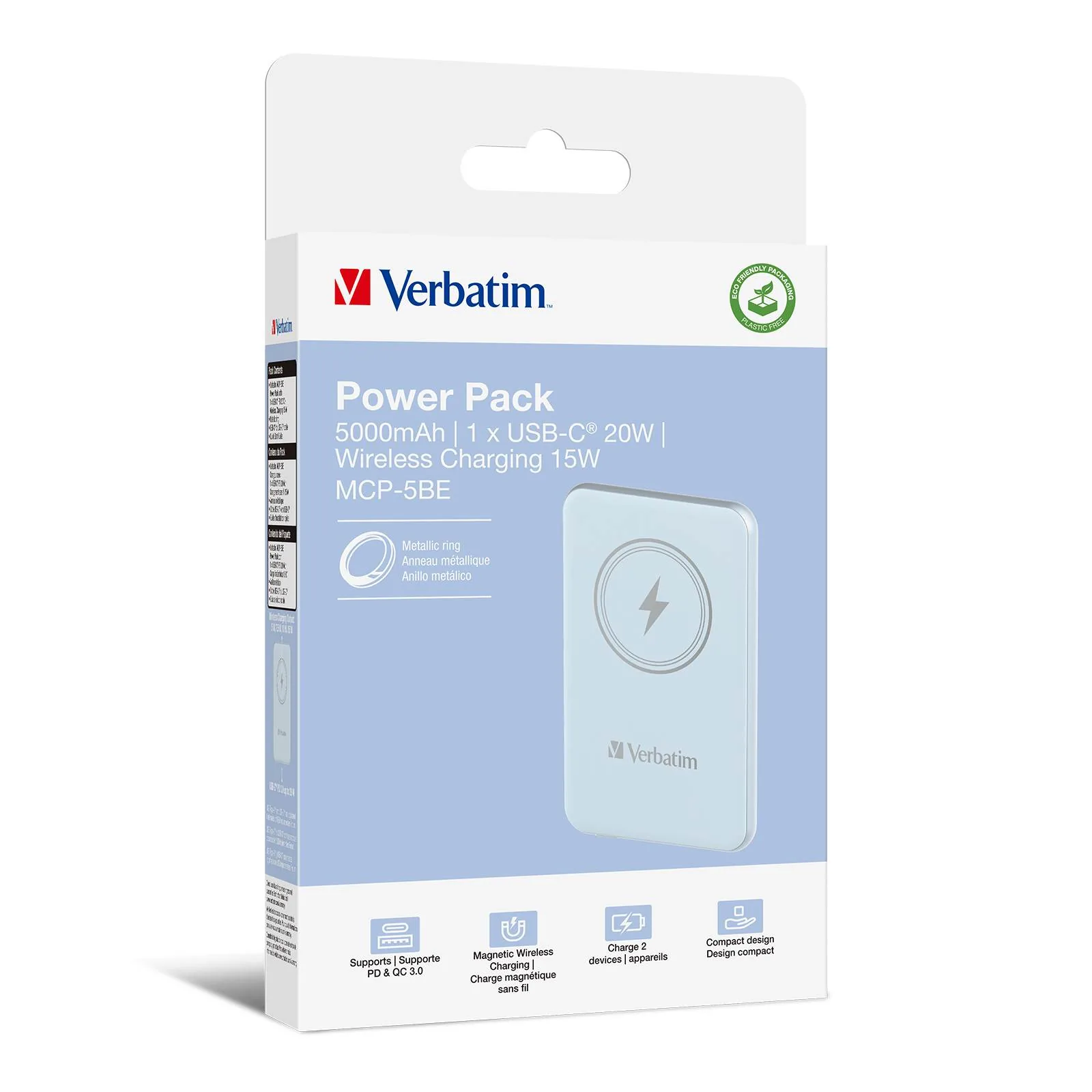 Verbatim power banka s bezdrátovým nabíjením 5V, nabíjení telefonu, 32242, 5 000mAh, magnetické připevnění, modrá