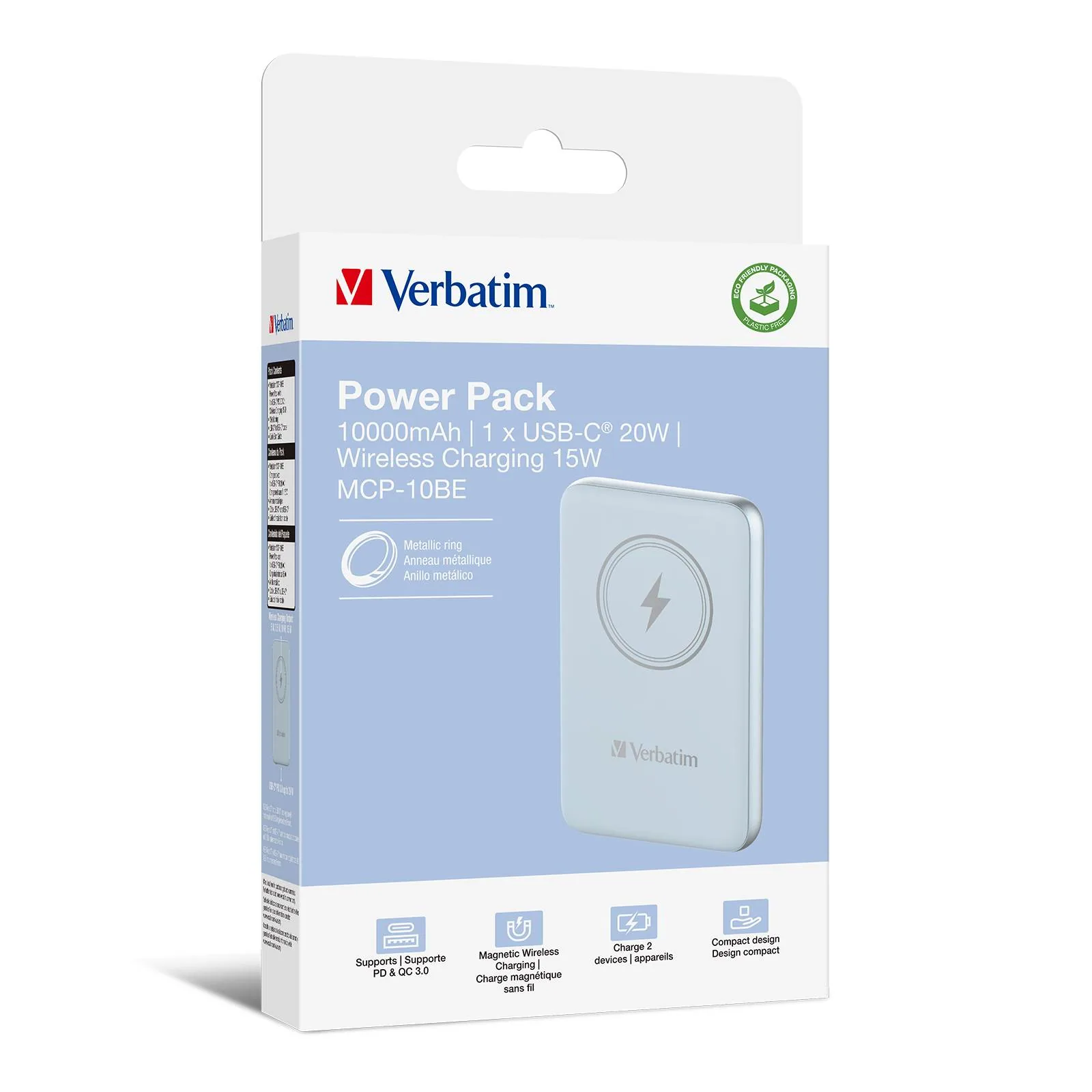Verbatim power banka s bezdrátovým nabíjením 5V, nabíjení telefonu, 32247, 10 000mAh, magnetické připevnění, modrá