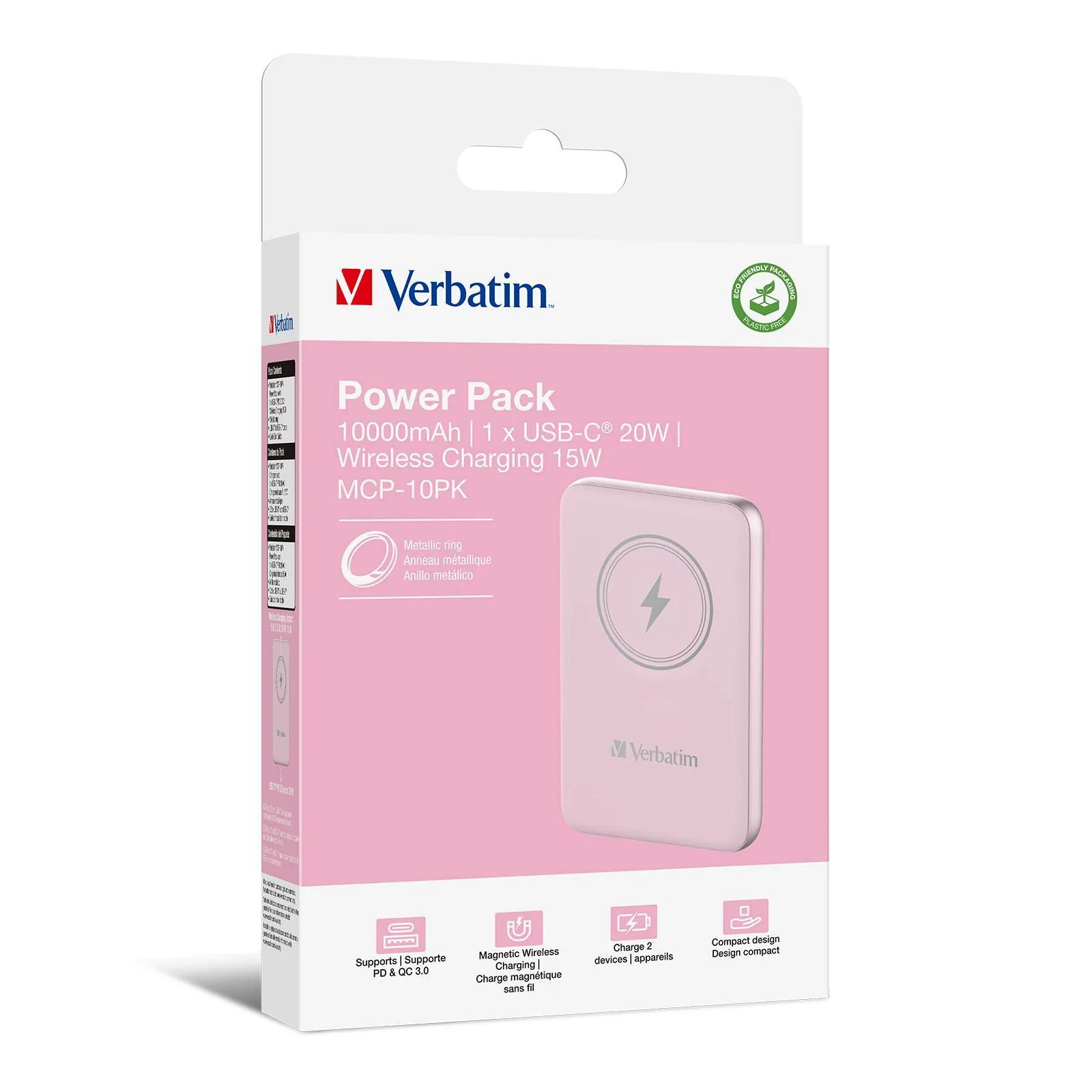 Verbatim power banka s bezdrátovým nabíjením 5V, nabíjení telefonu, 32248, 10 000mAh, magnetické připevnění, růžová