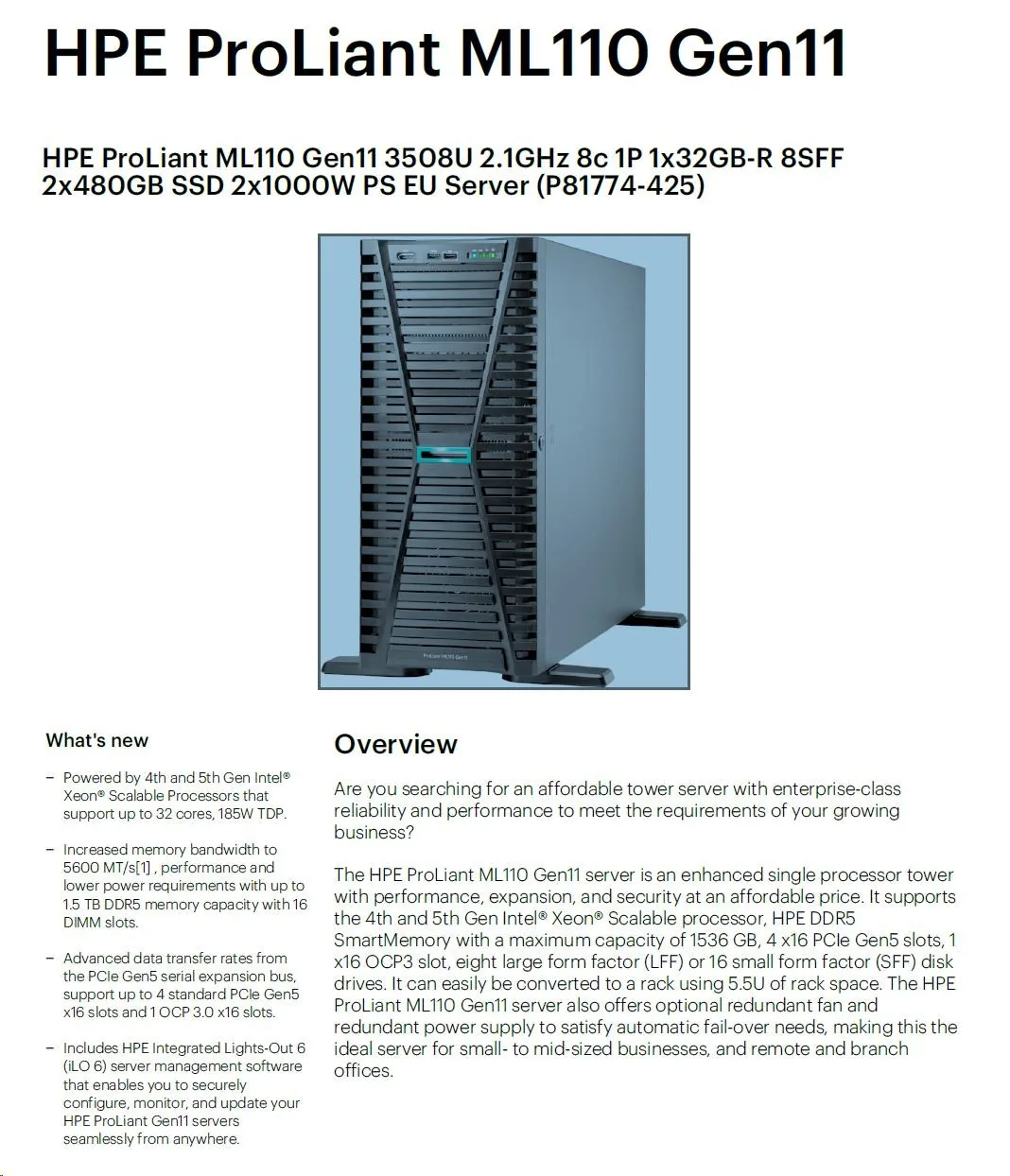 HPE ML110 G11 3508U, 32GB, 2 x 480GB SSD