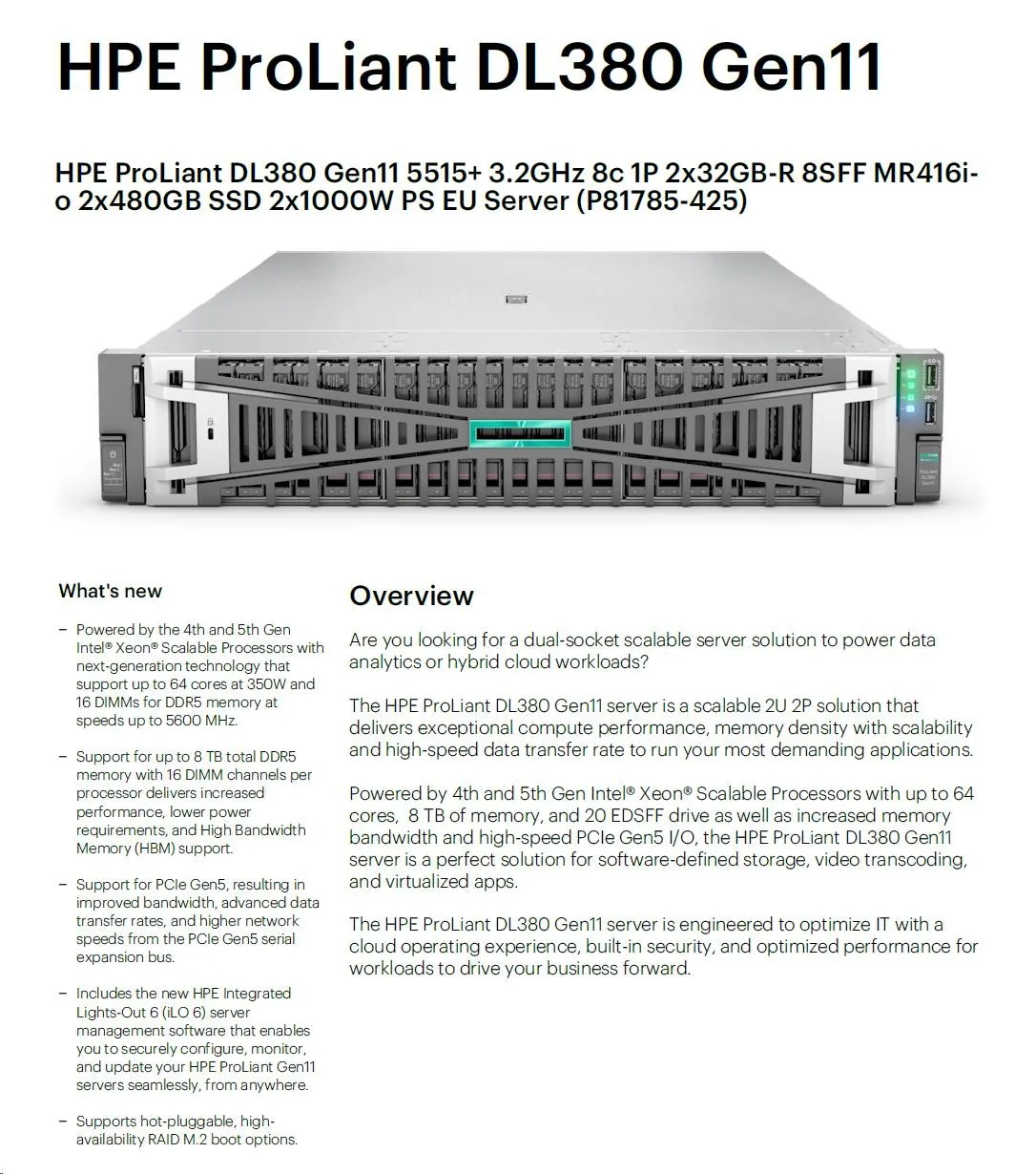 HPE DL380 G11 5515+, 64GB, 2 x 480GB SSD