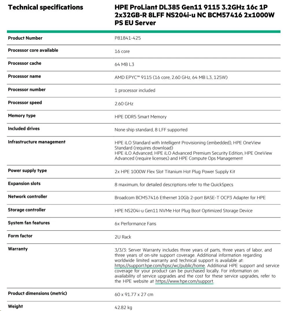 HPE DL385 G11 9115, 64GB, NS204i, LFF