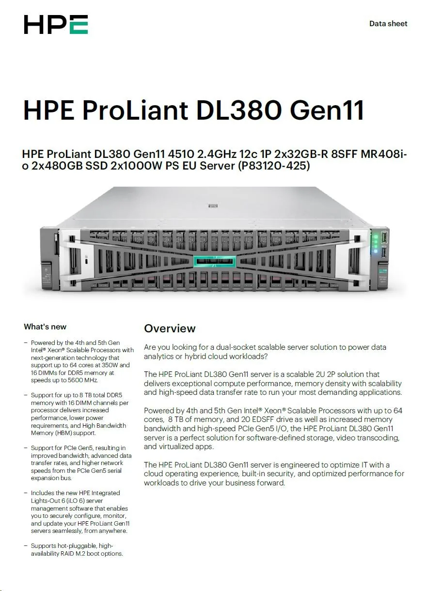 HPE PL DL380g11 4510 (2.4G 12C) 2x32G (p64706) 2x480G 8SFF MR408i-o 2x1000W 4p1To Smart Choice