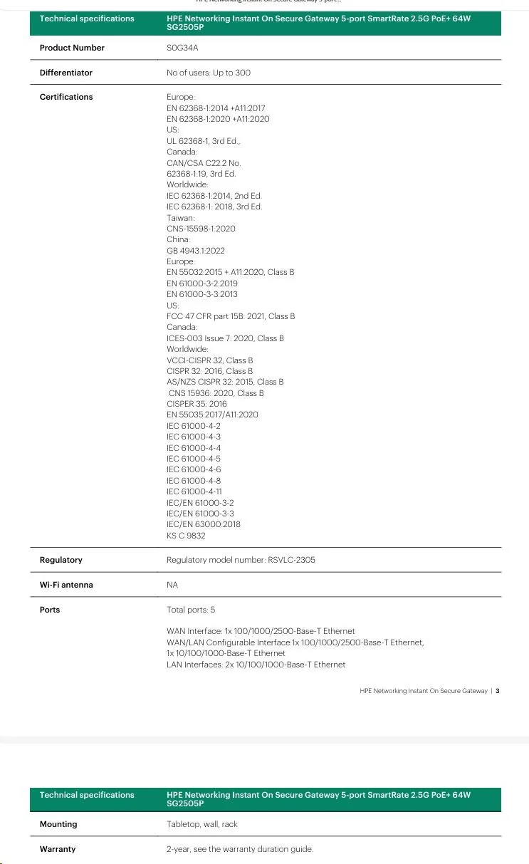 HPE NW ION Gtwy 5p 2.5G 64W SG2505P