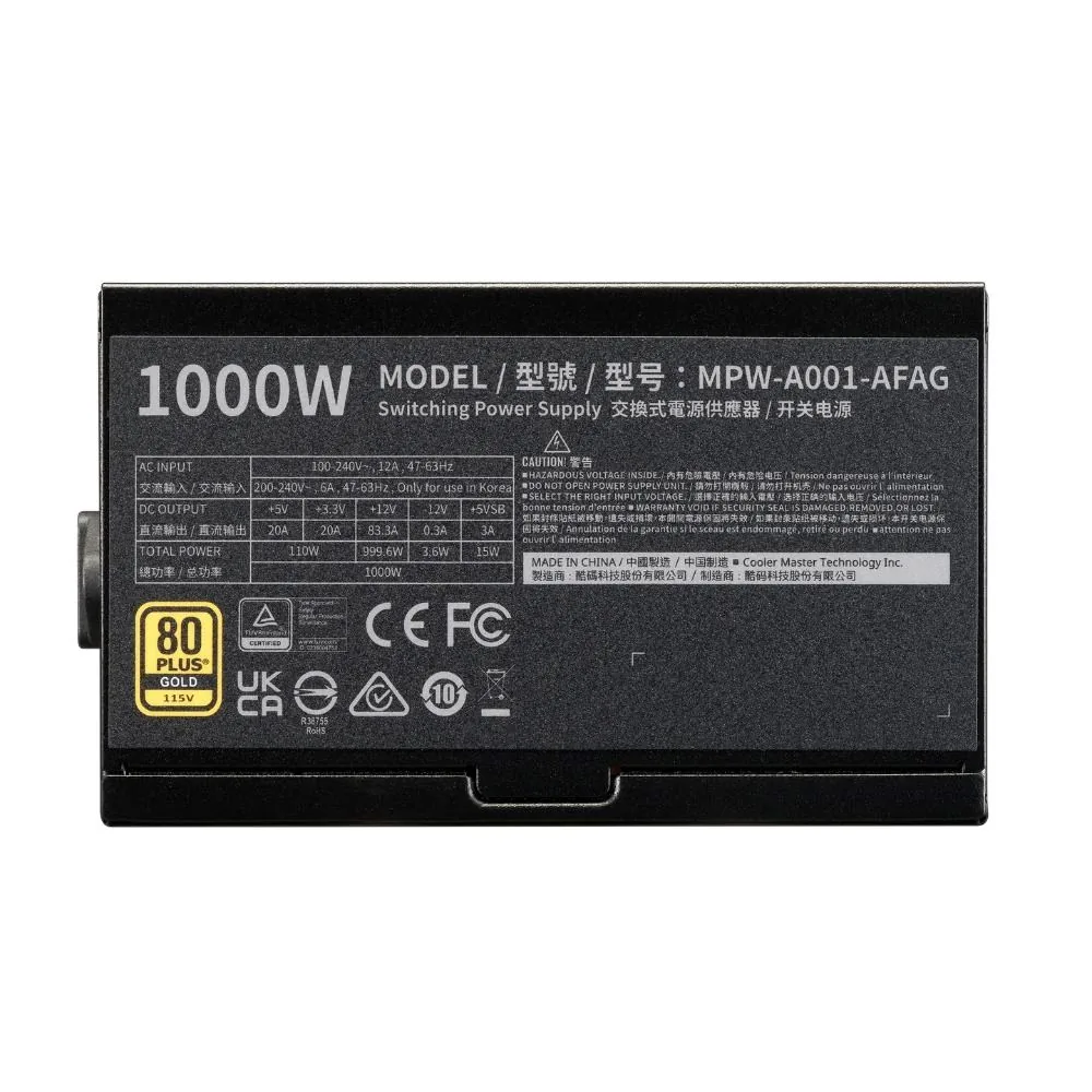 Cooler Master zdroj ELITE Gold 1000W FM, 120mm, Plně modulární, 80 Plus Gold, ATX 3.1