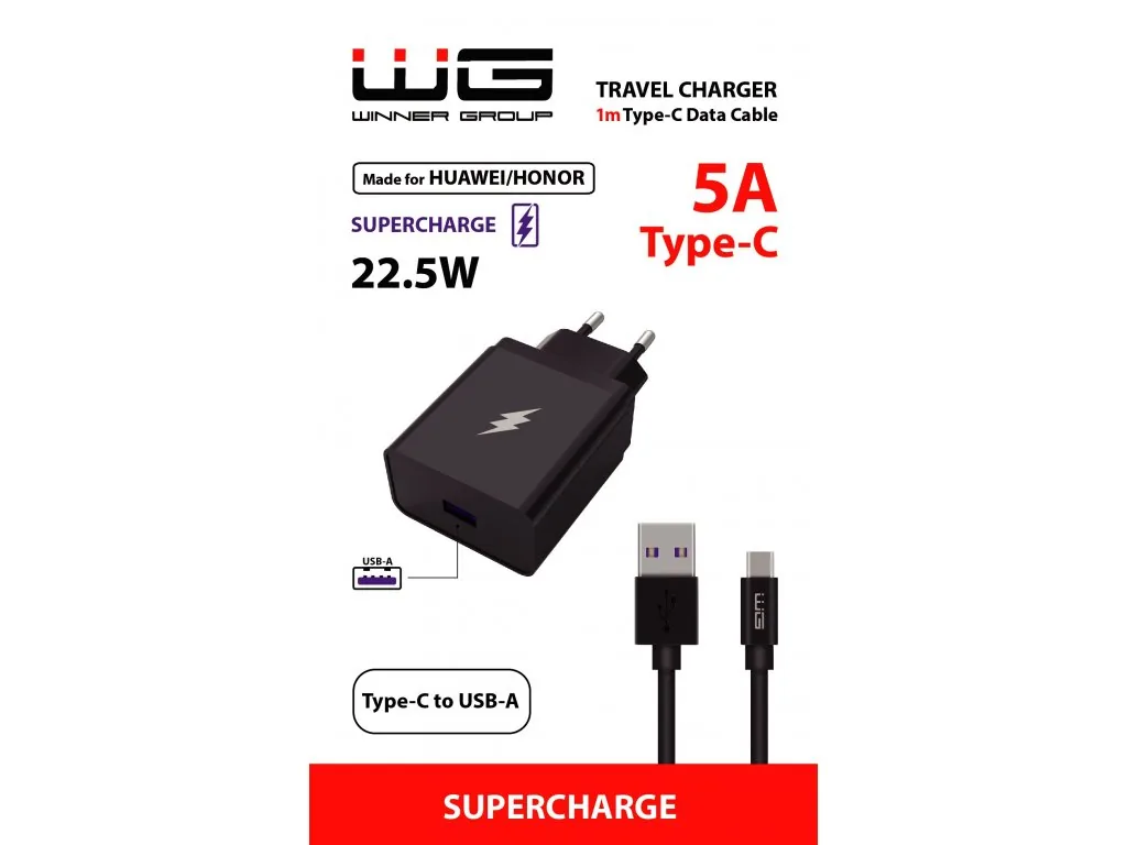 WG - Síťová nabíječka 1x USB-A 22,5W, SuperCharge, 5V-9V-12V, + kabel USB-A na Type-C (5A), černá