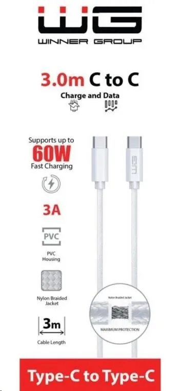 WG - Datový kabel Type-C na Type-C, 3 metry, 3A, 60W, bílá