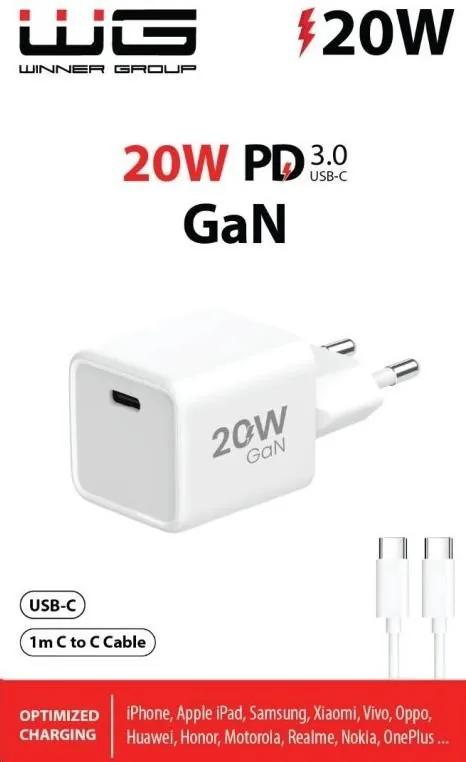 WG - Síťová nabíječka 1x USB-C PD 20W, 5V-9V-12V, kabel Type-C na Type-C, bílá