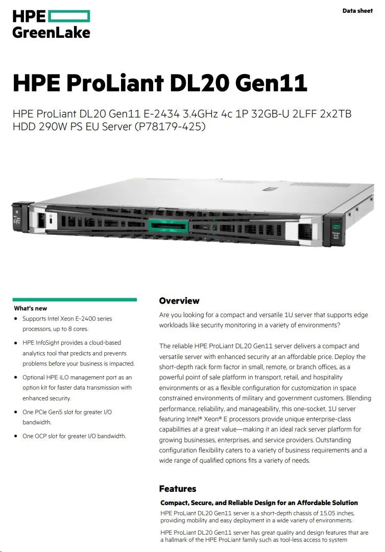 HPE Server DL20 G11 6325P, 1P, 1x32GB, 2x2TB 7.2K SATA, VROC, 2LFF, iLO6, 1x290W, 1U, Rack, 3 3 3 Smart Choice