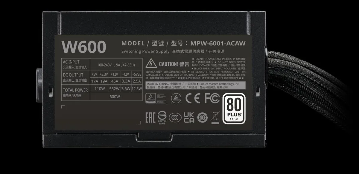 Cooler Master zdroj Elite NEX 600W 230V, 120mm, 80+ White, Mesh (opletené kabely)