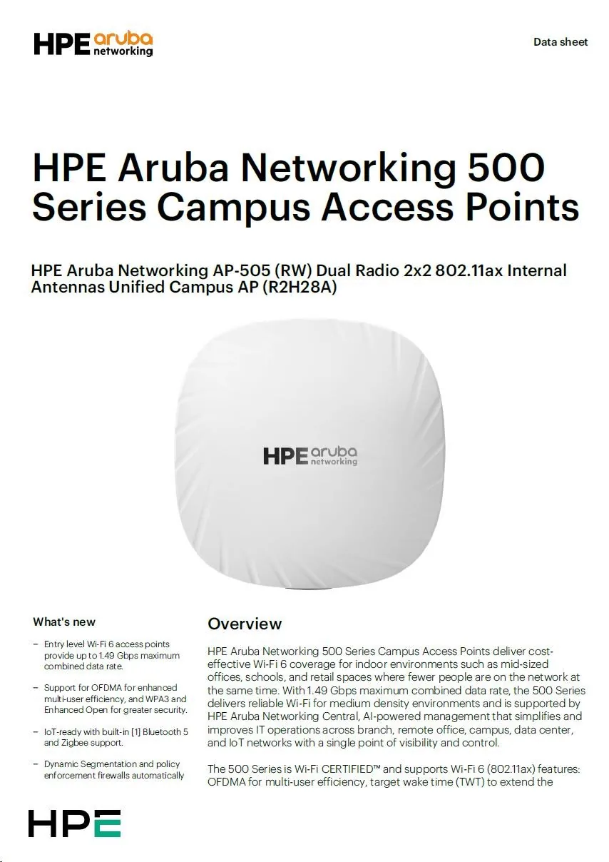 5 x HPE Aruba Networking AP-505 (RW) Dual Radio 2x2 802.11ax Internal Antennas Unified Campus AP ( 5 x R2H28A )