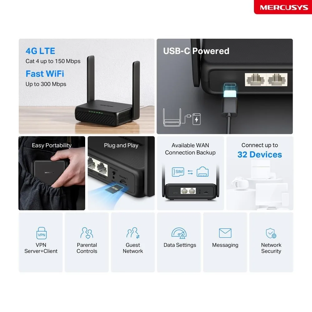 Mercusys MB113-4G V1 - Bezdrátový router - WWAN 2-portový spínač - 4G, 3G
