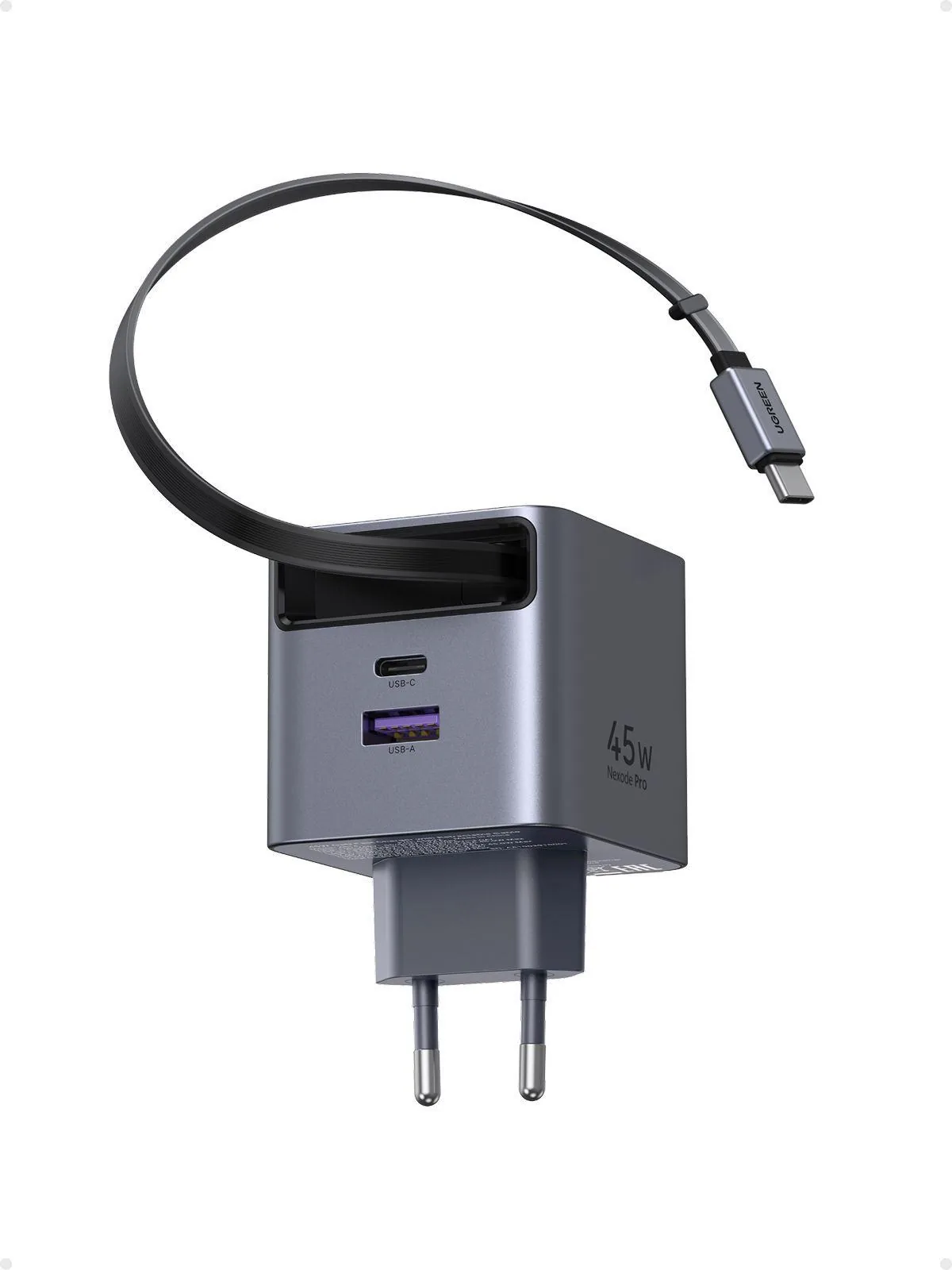 UGREEN síťová rychlonabíječka se zatahovacím kabelem 45W 3-Port, 2x USB-C, 1x USB-A, GaN, stříbrná