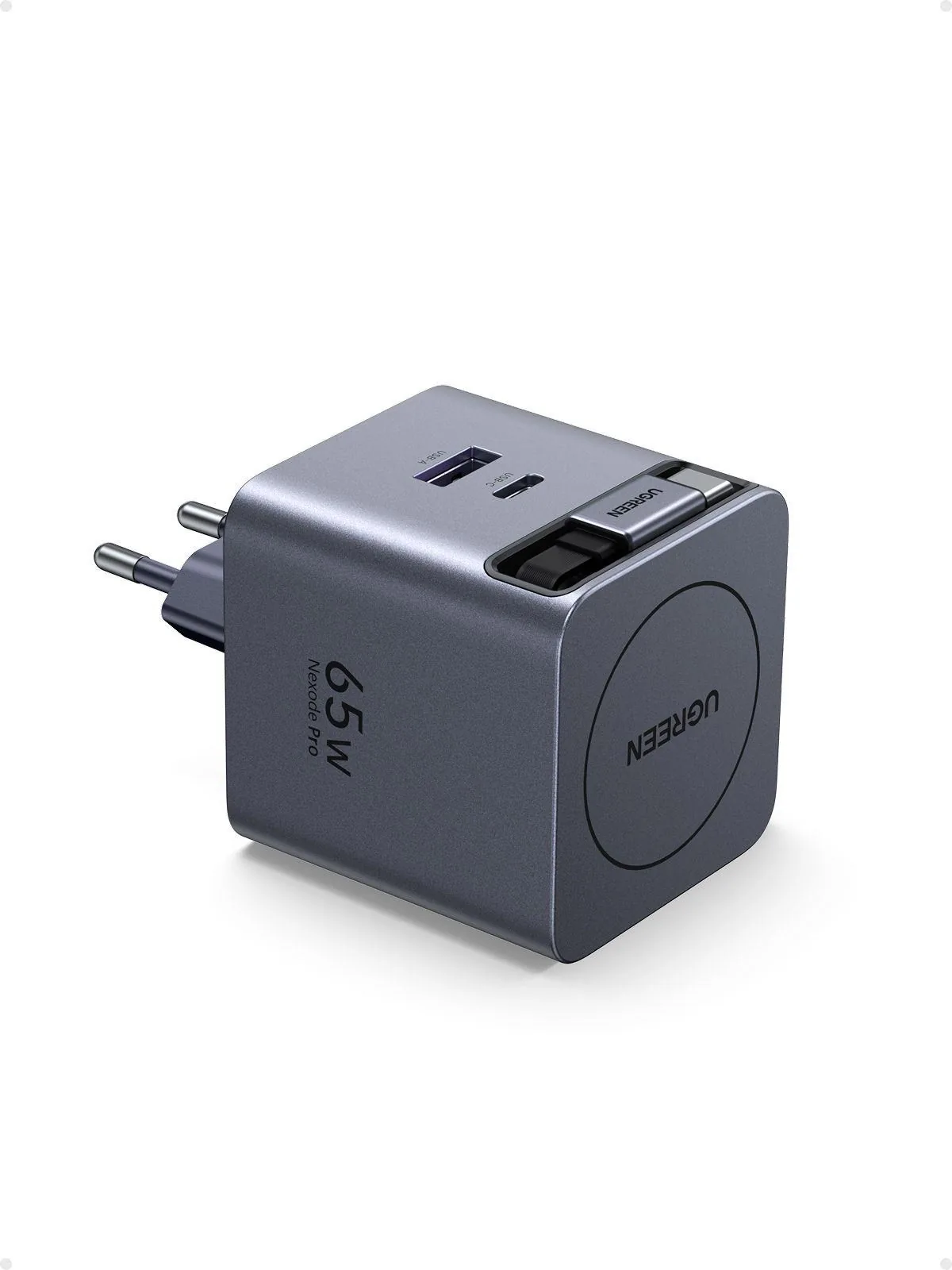 UGREEN síťová rychlonabíječka se zatahovacím kabelem 45W 3-Port, 2x USB-C, 1x USB-A, GaN, stříbrná