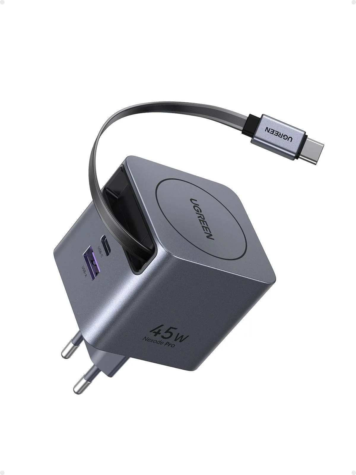 UGREEN síťová rychlonabíječka se zatahovacím kabelem 45W 3-Port, 2x USB-C, 1x USB-A, GaN, stříbrná