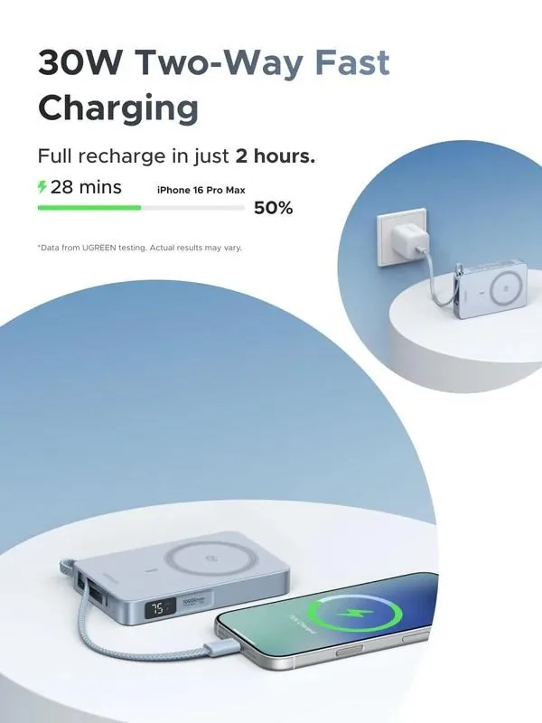 UGREEN magnetická powerbanka MagFlow 10000mAh s diplejem, Li-ion, 30W, MagSafe, 2x USB-C, stříbrná