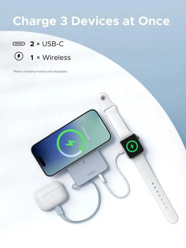 UGREEN magnetická powerbanka MagFlow 10000mAh s diplejem, Li-ion, 30W, MagSafe, 2x USB-C, stříbrná