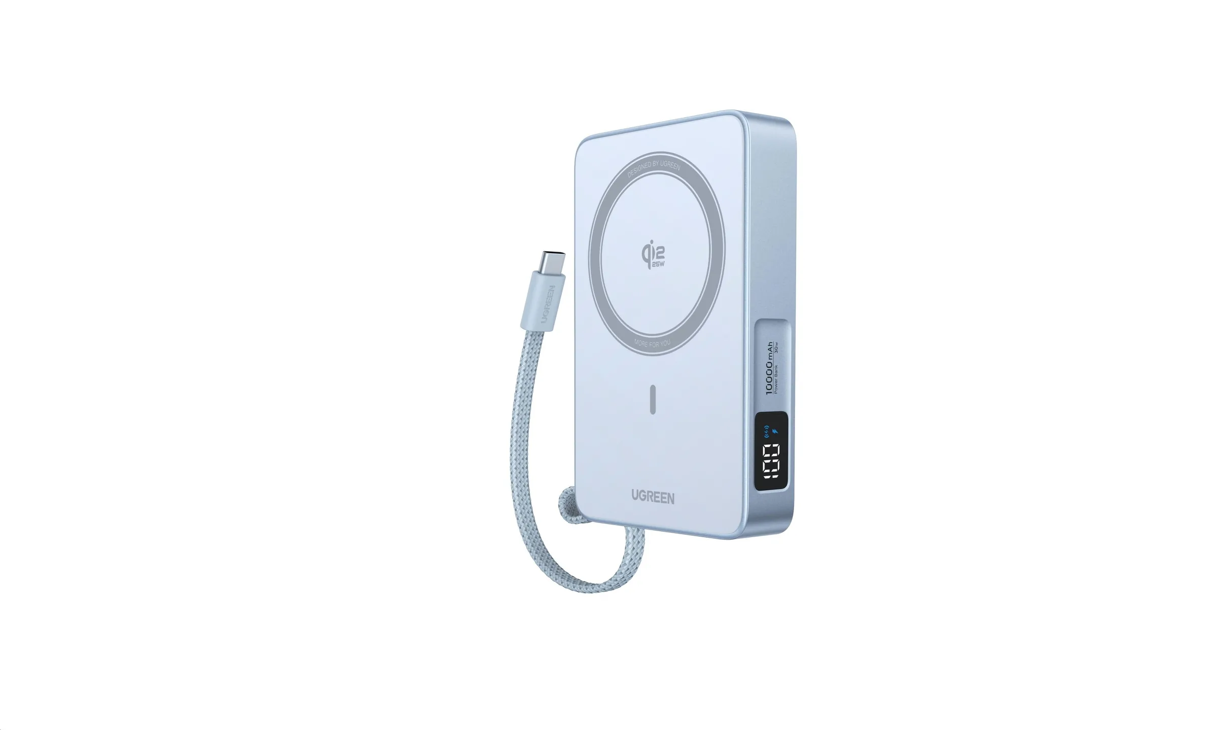 UGREEN magnetická powerbanka MagFlow 10000mAh s diplejem, Li-ion, 30W, MagSafe, 2x USB-C, stříbrná