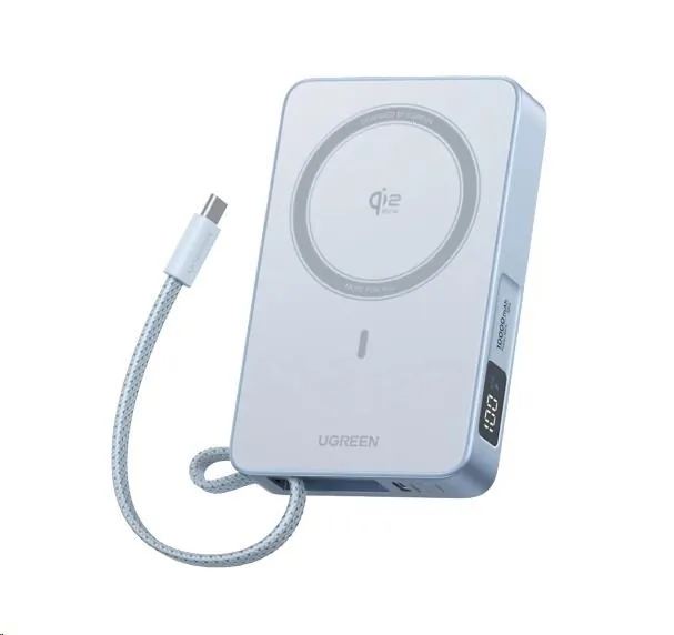 UGREEN magnetická powerbanka MagFlow 10000mAh s diplejem, Li-ion, 30W, MagSafe, 2x USB-C, stříbrná
