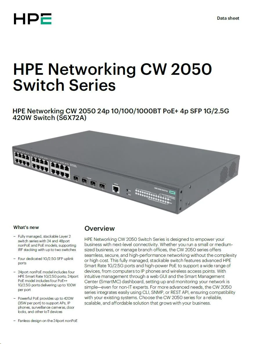 HPE NW CW 2050 24G PoE+ 4F 420W Switch