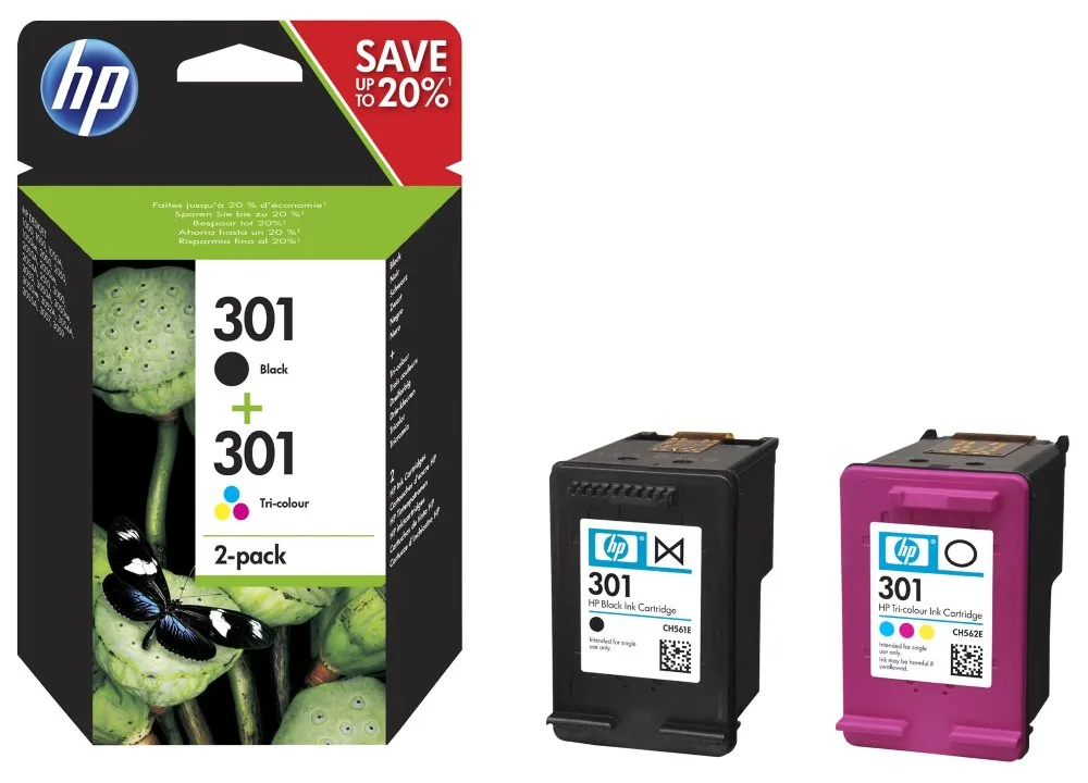 HP 301 - 2-balení - černá, barva (azurová, purpurová, žlutá) - originální - inkoustová cartridge - pro HP DeskJet 1000, 1010, 1050 AiO, 1050A AiO, 1510 AiO, 2000, 2050 AiO, 2050A AiO, 2510 AiO, 2540 AiO, 3000, 3050 AiO, 3050A eAiO, 3510 eAiO series, HP EN
