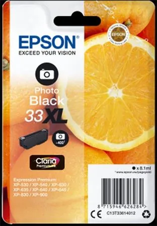 Epson 33XL - 8.1 ml - XL - foto černá - originální - blistr - inkoustová cartridge - pro Expression Home XP-635, 830; Expression Premium XP-530, 540, 630, 635, 640, 645, 830, 900