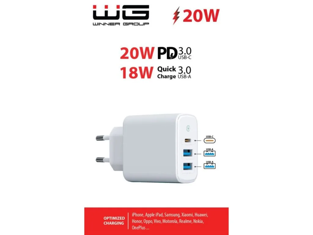 WG - Síťová nabíječka 3x USB, 1x USB-A QC 3.0 + 1x USB-A QC 3.0 + 1x USB-C PD 3.0, bílá