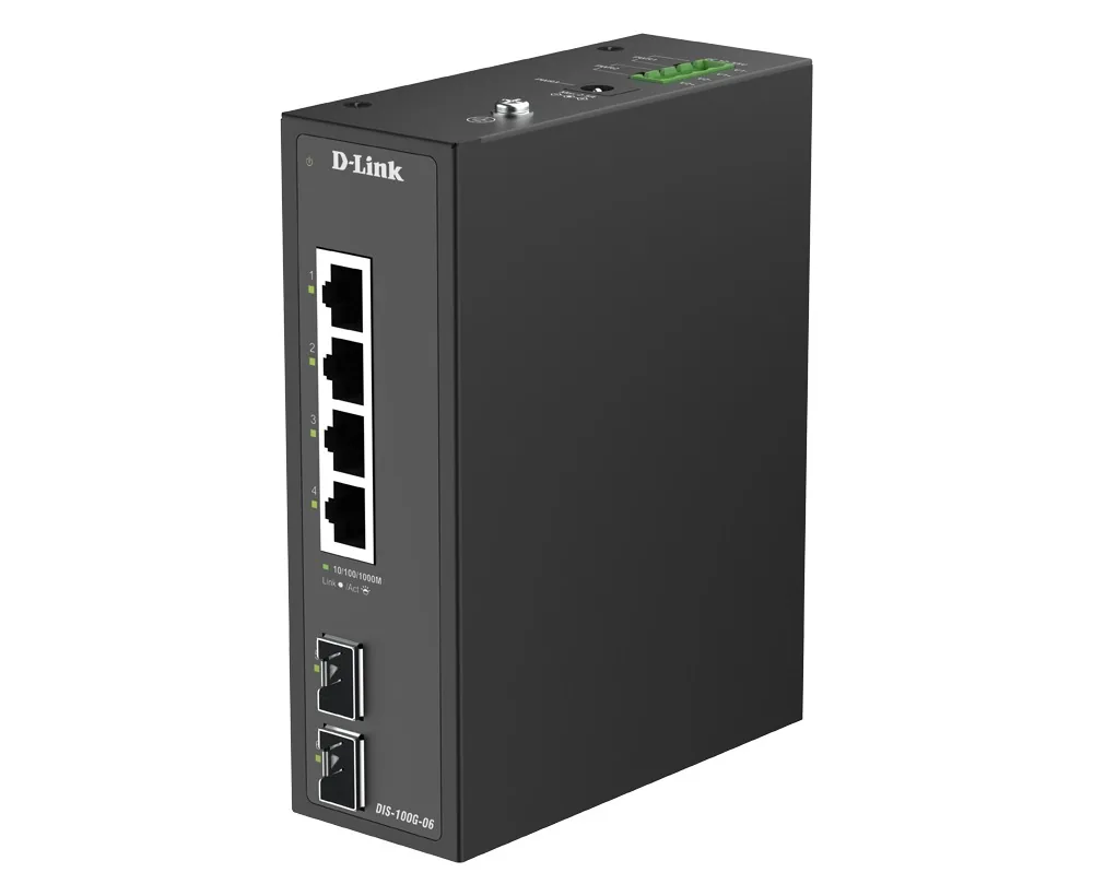 D-Link DIS 100G-06 - Prepínac - prumyslový - nerízený - 4 x 10/100/1000 + 2 x gigabitu SFP - lze montovat na konzolu DIN