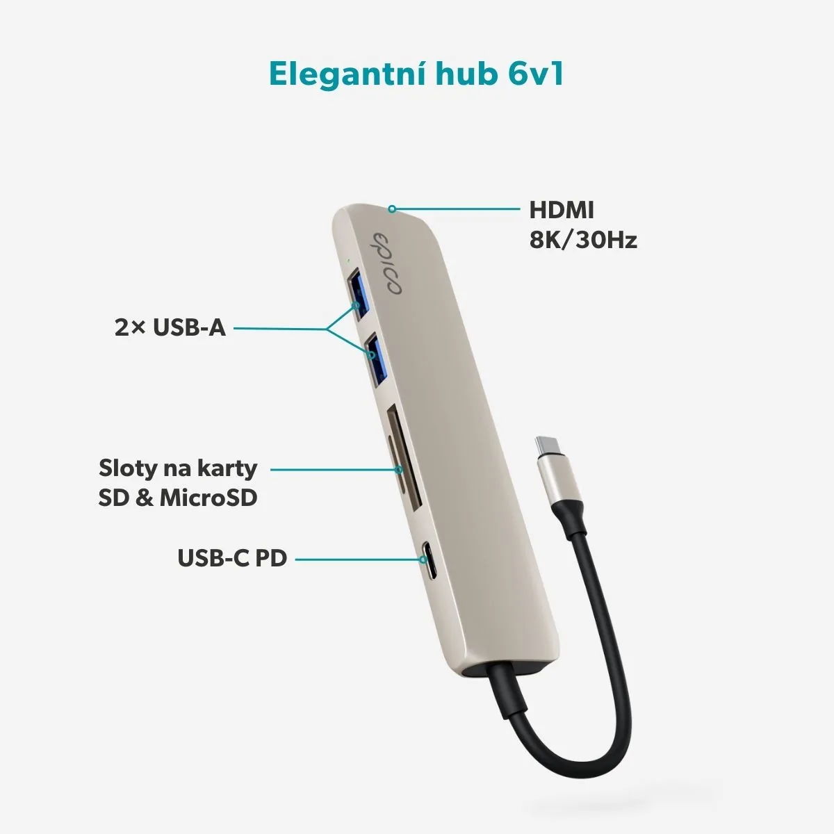 Epico 6v1 hliníkový USB-C 8K hub - hvězdná