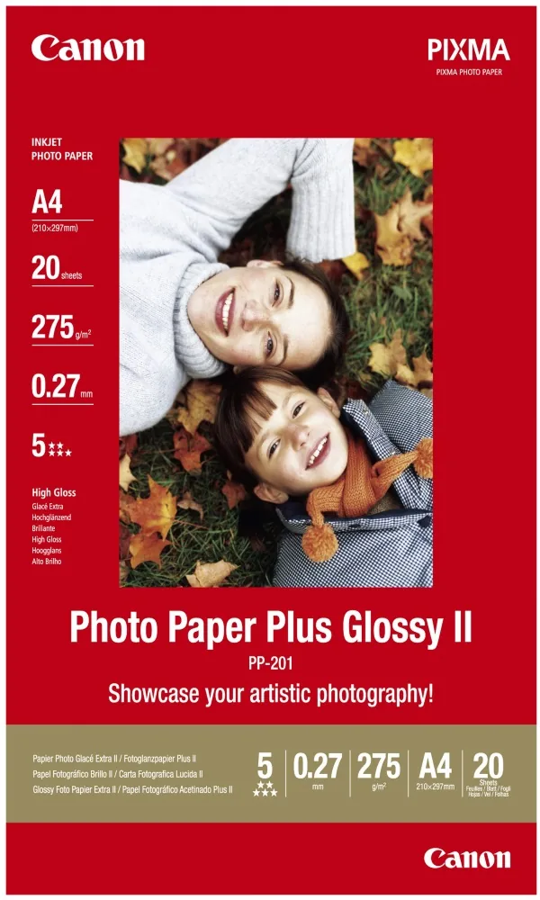 Canon Photo Paper Plus Glossy II PP-201 - Lesklý - A4 (210 x 297 mm) - 275 g/m? - 20 listy fotografický papír - pro PIXMA iP100, iP2600, iP2700, iX7000, MG2555, MG8250, MX850, PRO-1, PRO-10, 100, TS7450