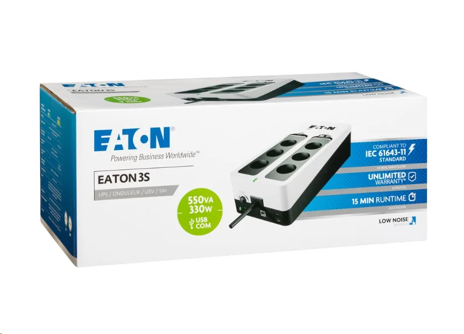 EATON UPS 3S 550 D, Off-line, Tower, 550VA 330W, výstup 6x DIN (Schuko), bez ventilátoru