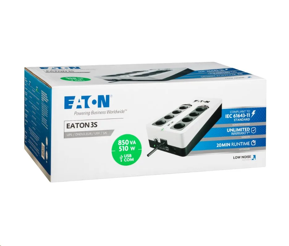 EATON UPS 3S 850 D, Off-line, Tower, 850VA 510W, výstup 8x DIN (Schuko), USB, bez ventilátoru