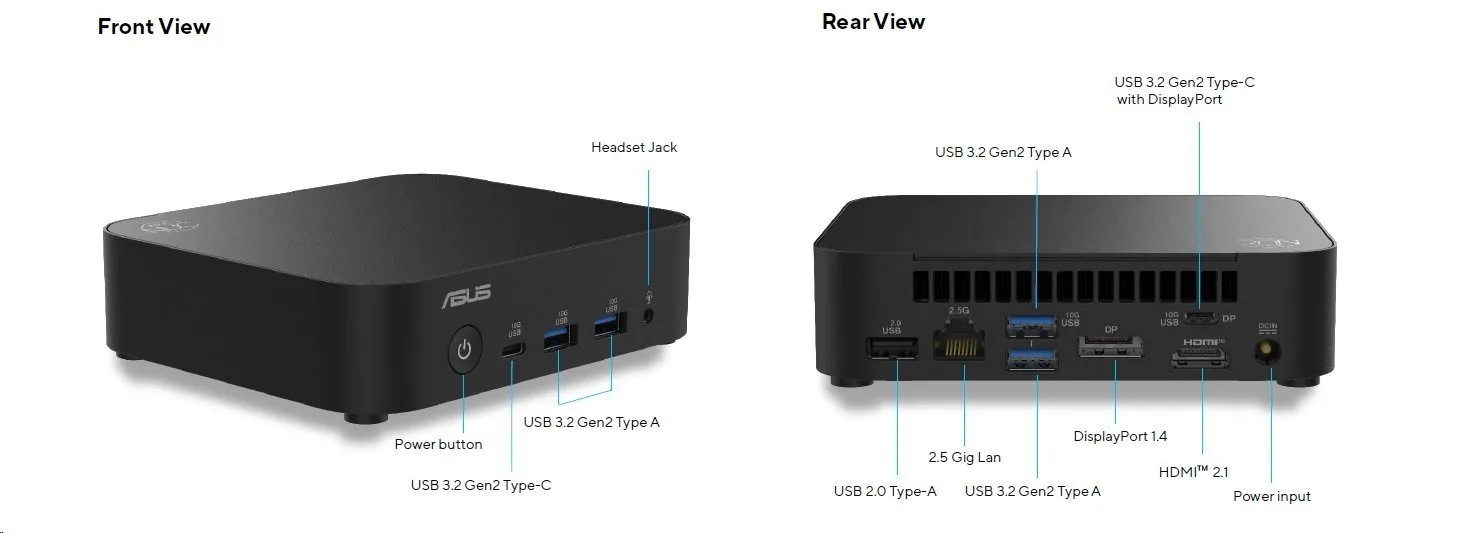 ASUS NUC 14 Essential Kit RNUC14MNK3500002 - Barebone - mini PC 1 x N-series N355 / až 3.9 GHz - RAM 0 GB - UHD Graphics - Gigabit Ethernet, 2.5 Gigabit Ethernet, IEEE 802.11ax (Wi-Fi 6E), Bluetooth 5.3 - černá