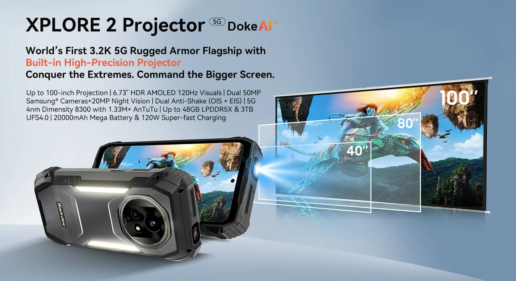 BLACKVIEW Rugged XPLORE 2 Projector Black,6.73" AMOLED 3200x1440 120Hz 12 256Gb MT 8300 Octa-Core 3.35GHz,50+20MP,NightV