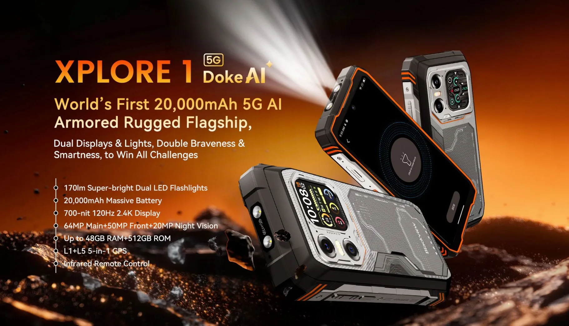 BLACKVIEW Rugged XPLORE 1 5G 6.78",FHD 2460x1080,12+256GB,Octa-core 2.4Ghz,50+64MP+20MP,Night,20000mAh,Android 15